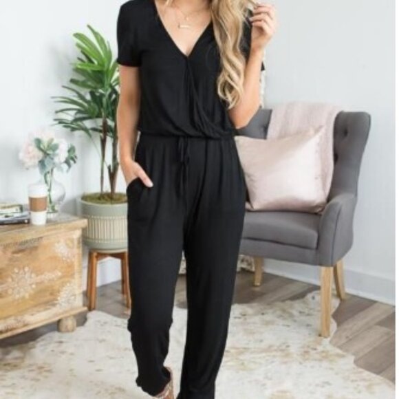 BLACK DEEP V NECK JUMPSUIT - Picture 1 of 13